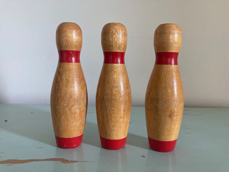 Vintage Wooden Bowling Pins Set of 3 Etsy