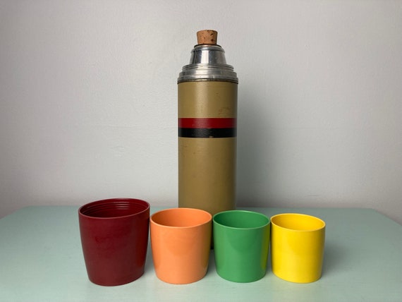 Vintage Striped Thermos With Cork and Stackable Cups 