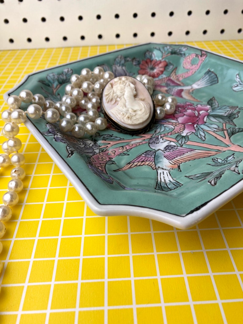 Vintage Chinese Hand Painted Square Bird Floral Plate