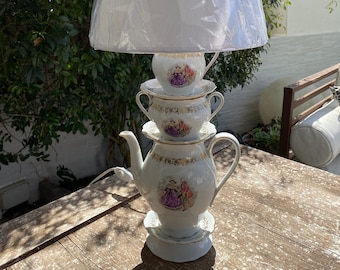 Lampe théière Alice, lampe de chevet vintage, lampe de table avec tasses, Bavière, amoureux