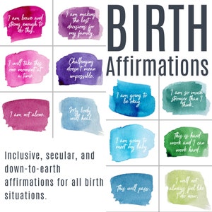 Puede incluir: Un conjunto de 10 tarjetas de afirmación de acuarela con mensajes positivos para el nacimiento. Las tarjetas presentan frases como "Soy valiente y lo suficientemente fuerte para hacer esto." y "Esto pasará." Las tarjetas están diseñadas para ser inclusivas, seculares y realistas.