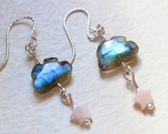 Labradorite Cloud and Star Earrings - sterling silver - crystal earrings - dangle drop - blue - pink shell star - celestial - natural stone