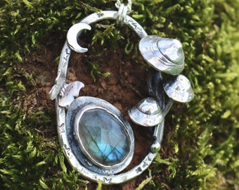 Labradorite Celestial Mushroom Pendant, forest, handmade, witchy, gothic, sterling silver, crystal necklace, fairy core