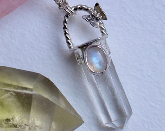 Quartz Point & Moonstone necklace with a little butterfly and stamped star details, sterling silver, handmade, celestial, crystal necklace