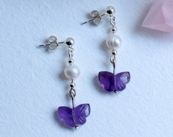 Amethyst Butterfly Pearl Earrings, dangle earrings, handmade, carved amethyst, freshwater pearl, sterling silver, gift, purple, pearlescent