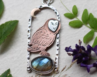 Owl Necklace with Labradorite - gold filled moon - celestial - crystals - handcrafted - copper and silver - night owl