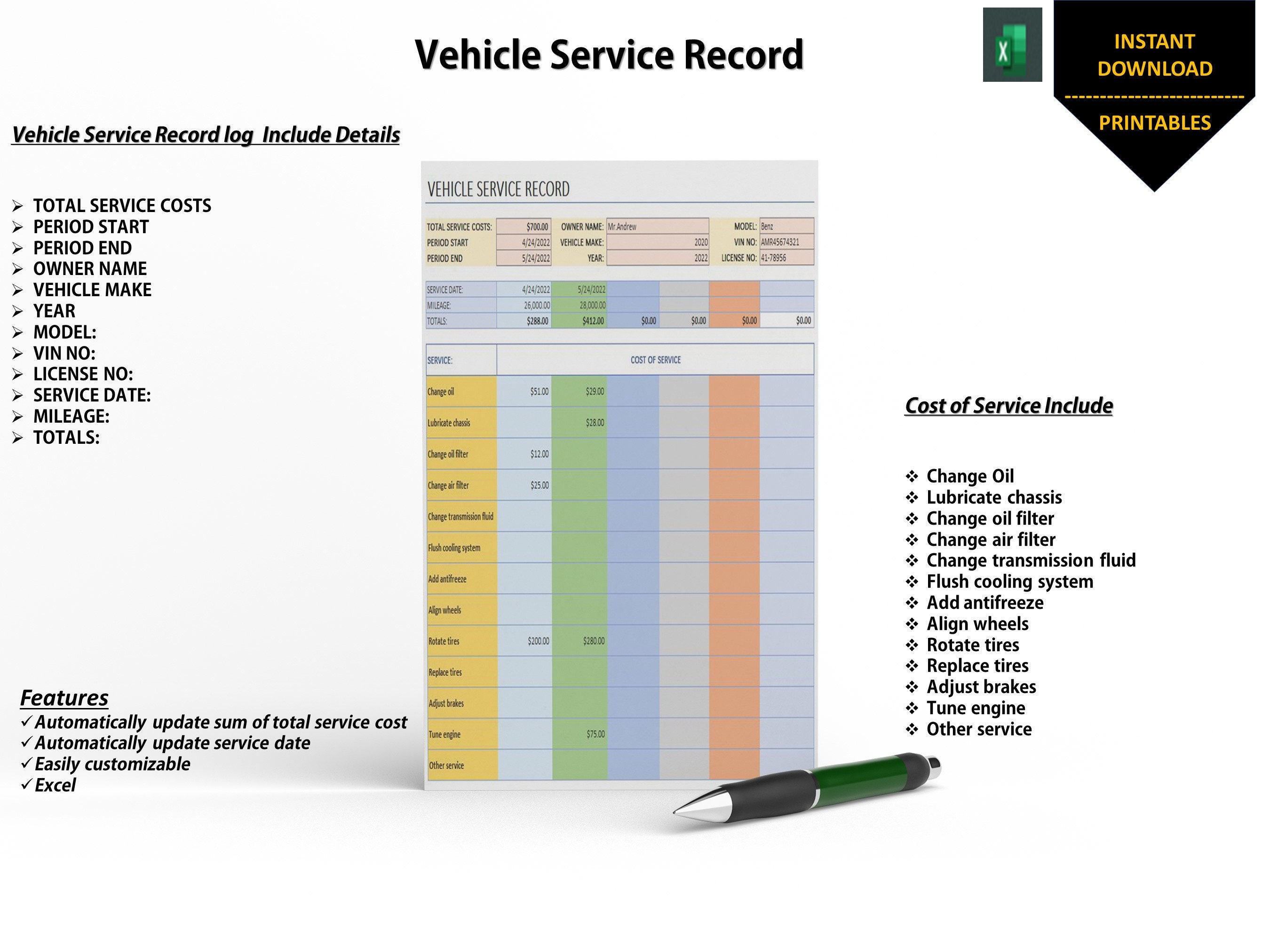 Vehicle Service Record Log Printable | Mileage Log | Car Maintenance Checklist &amp; Planner | Car ...