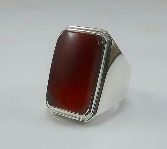 Mens Aqeeq Ring Cushion Shape Dark Blood Red Yemeni Aqeeq Akik
