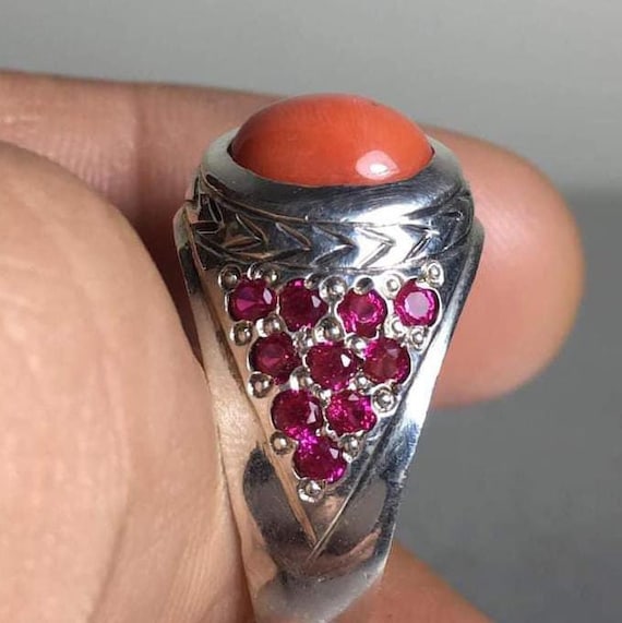 Navajo Sterling Silver Mother-of-Pearl Red Coral Ring 6.5 - Yourgreatfinds