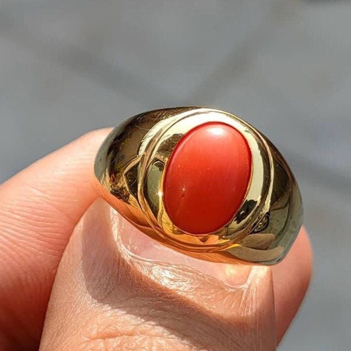 Triangular Red Coral Gold Ring (Design AC8) | GemPundit