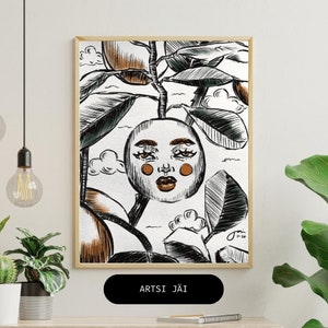 May include: A black and white line drawing of a face with large eyes and a nose, surrounded by leaves and clouds. The face is inside a circle and has a peach-colored skin tone. The drawing is framed in a light wood frame.