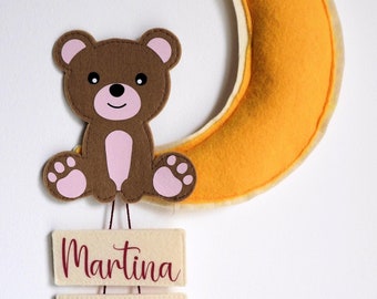 Customizable birth bow for a boy or girl with a teddy bear and moon to hang in the bedroom, with felt and hand-sewn subjects