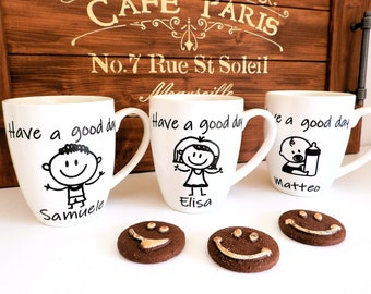 Set of two breakfast cups for family, dad, mom and daughter or boy, with customizable name writing