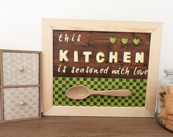 Wooden frame, decorative tray, picture for kitchen or coffee corner "This kitchen is seasoned with love" a perfect gift for the kitchen