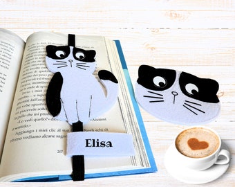 Cat bookmark kit with felt saucer, customizable with your name, choose between two colors for your gift.