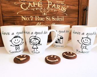 Set quattro tazze colazione per famiglia, papà, mamma e bambina o bambino, con scritta nome personalizzabile