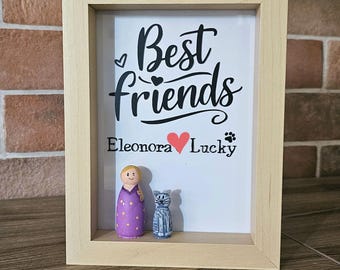 Best friends framed picture with hand-painted plaster subjects, gift for friends, or owner and pet, customizable