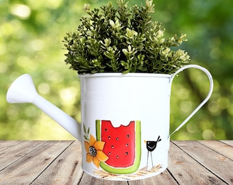 Hand painted country painting watering can vase plus felt bee, perfect for plants, or decoration for home, terrace or garden