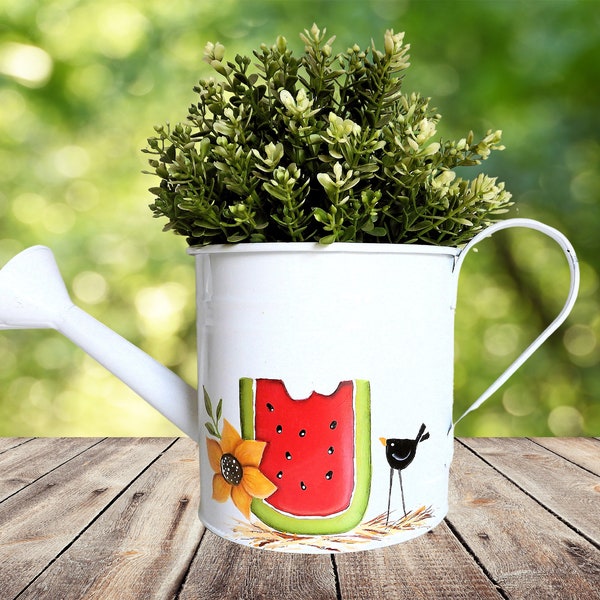 Pot d'arrosoir de style champêtre peint à la main et abeille en feutre, parfait pour les plantes, ou décoration pour la maison, la terrasse ou le jardin