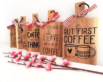 Decorative 11 x 19 cm wooden cutting boards from one to five for coffee lovers with funny phrases applied using stencil technique.