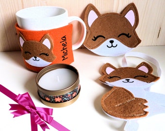 Gift set: mug with personalized mug cover with name, saucer, bookmark, and scented candle, including gift packaging!