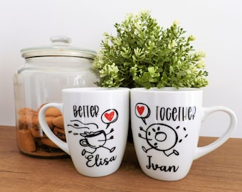 Set of two breakfast mugs for a couple in love, with a customizable name, "Better Together." Better when used together!