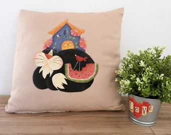 Housse de coussin thème été peinte à la main avec chat