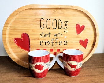 Hand-painted oval bamboo breakfast tray for cups and mugs with hearts, kitchen decoration, decorative tray