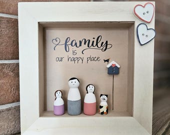 Family frame, father, mother and daughter or boy, and possible pet with writing, all customizable