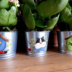 Puede incluir: Tres macetas de metal plateado con diseños pintados. La maceta de la izquierda tiene una casita de pájaros azul con una estrella amarilla, una mariquita y enredaderas verdes. La maceta del medio tiene un gato blanco y negro con una bufanda azul y un pájaro rojo. La maceta de la derecha tiene una casita de pájaros verde con un corazón rojo, un pájaro negro y ramas blancas.