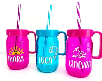 Set of colored drink cups, customizable with your name, single or family pack, for summer, children's parties, poolside, beach