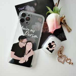 Funda transparente para iPhone con retrato ilustrado personalizado para familia o pareja / para iPhone 16, 16 Pro, 15 Pro Max, X