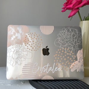 Geometric Beige Flower, Personalized Name Clear Macbook Case | Macbook Air 13, Pro 13 14 16, M1 M2 2023  Aesthetic Case