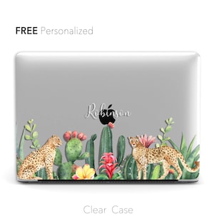 May include: A clear laptop case with a personalized design featuring a cheetah, cacti, and flowers. The case has the name "Robinson" printed on it.