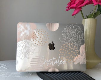 Personalized Floral Macbook Case, Geometric Beige Flower Design
