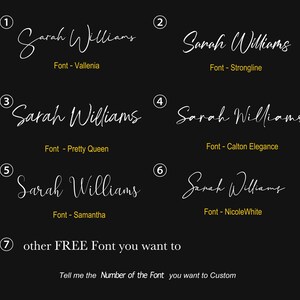 May include: A black and white image with seven different font styles for the name "Sarah Williams". Each font style is numbered 1 through 7. The image also includes the name of each font style.