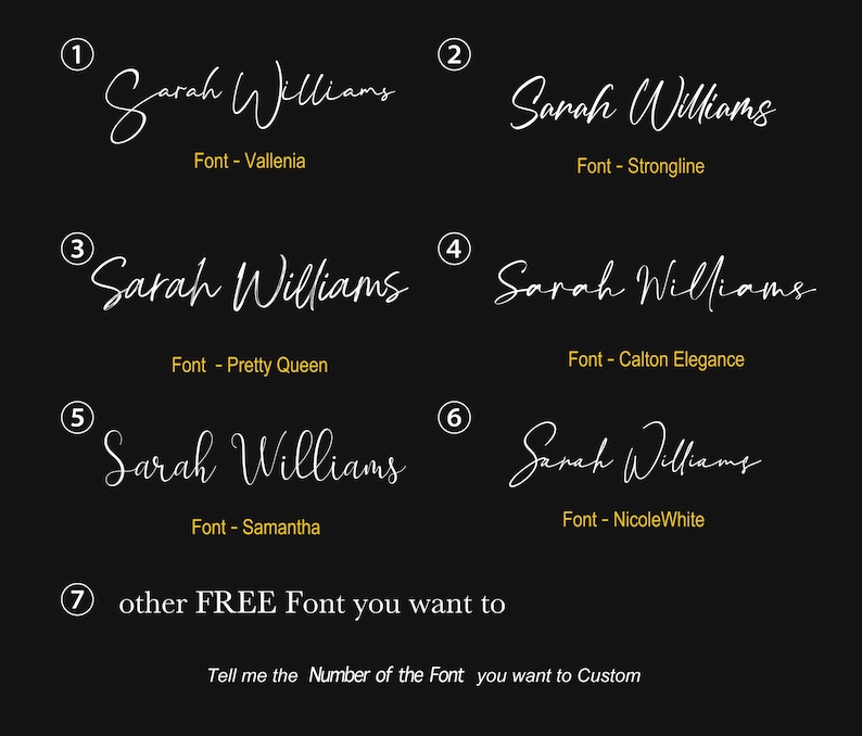 May include: A black and white image with seven different font styles for the name "Sarah Williams". Each font style is numbered 1 through 7. The image also includes the name of each font style.