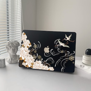 Abstract Japanese crane Painting, Macbook BLACK Solid Case | Macbook Air 13, Pro 13 14 16, M1 M2 M3 2024, Custom Name