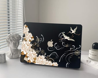 Abstract Japanese crane Painting, Macbook BLACK Solid Case | Macbook Air 13, Pro 13 14 16, M1 M2 M3 2024, Custom Name