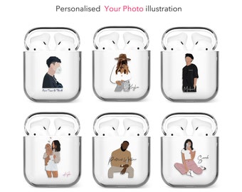 CUSTOM Portrait AirPods Case, Custom No-Facial Cartoon Portrait | for Family, Couple, Friend | Clear Soft Case,  AirPods 1,2,3,4, Pro