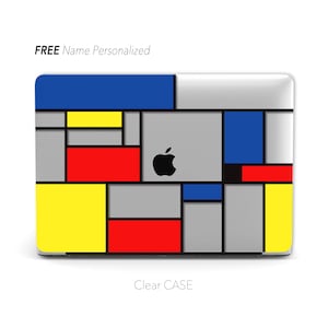 May include: A clear case with a Mondrian-style design featuring rectangular blocks of gray, yellow, red, and blue, outlined in black. The Apple logo is visible. The text "FREE Name Personalized" and "Clear CASE" are also present.