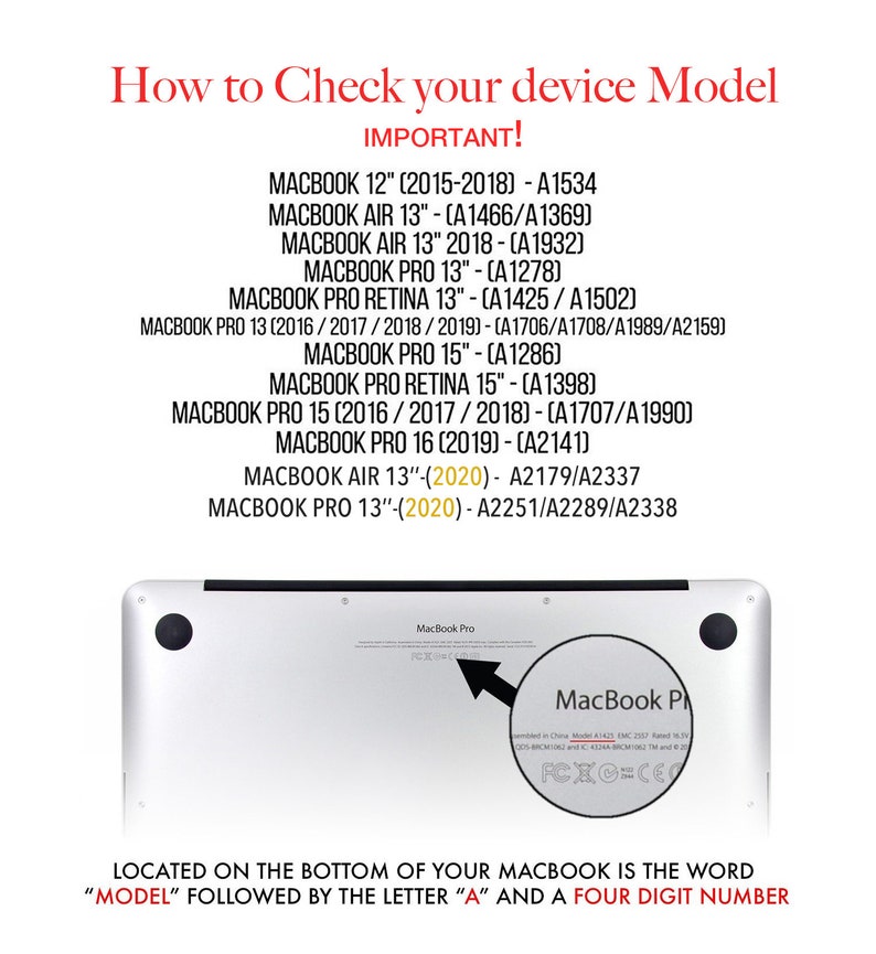 May include: A close-up of the bottom of a silver MacBook Pro laptop. The text "MacBook Pro" is visible on the bottom of the laptop. The text "LOCATED ON THE BOTTOM OF YOUR MACBOOK IS THE WORD "MODEL" FOLLOWED BY THE LETTER "A" AND A FOUR DIGIT NUMBER" is also visible.