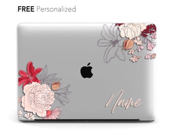 Personalized Aesthetic Red Floral Clear Macbook Case, Custom Name | Macbook Air 13, Pro 13 14 16, M1 M2 2023