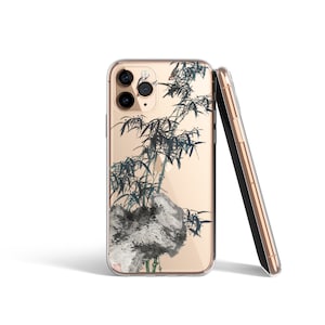 Pintura de acuarela en tinta, funda de teléfono transparente personalizada, bambú y pájaros / para iPhone 14, 14 Pro, 13 Pro Max, X, Xs, XR, XS