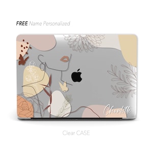 幾何学的な線の花で描かれた抽象的な女性の顔がパーソナライズされた、透明な Macbook ケース | Macbook Air 13、Pro 13 14 16、M1 M2 2023