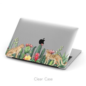 May include: A clear laptop case with a design of two leopards, cacti, and tropical flowers. The design is in watercolor style.