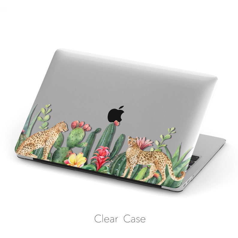 May include: A clear laptop case with a design of two leopards, cacti, and tropical flowers. The design is in watercolor style.