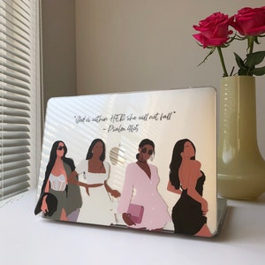 May include: A laptop skin with a quote from Psalm 46:5, "God is within HER she will not fall." The skin features four women in different outfits and poses.