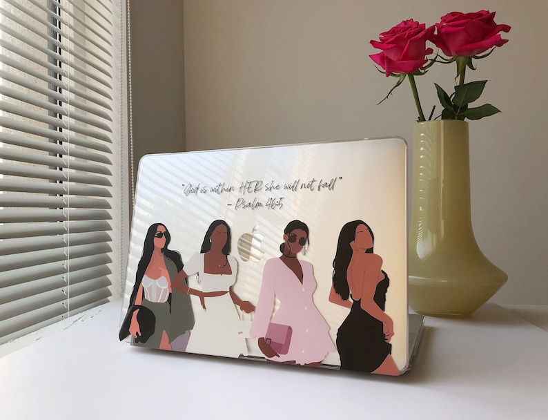 May include: A laptop skin with a quote from Psalm 46:5, "God is within HER she will not fall." The skin features four women in different outfits and poses.