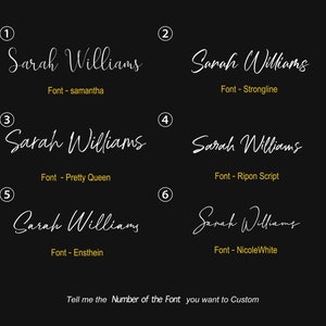 May include: Six different font styles for the name "Sarah Williams" are shown in white text on a black background. Each font style is numbered 1 through 6. The font names are listed below each style.